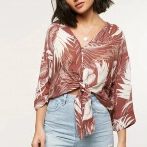 O'Neill Brown Palm Print Wrap Style Top Size Xs